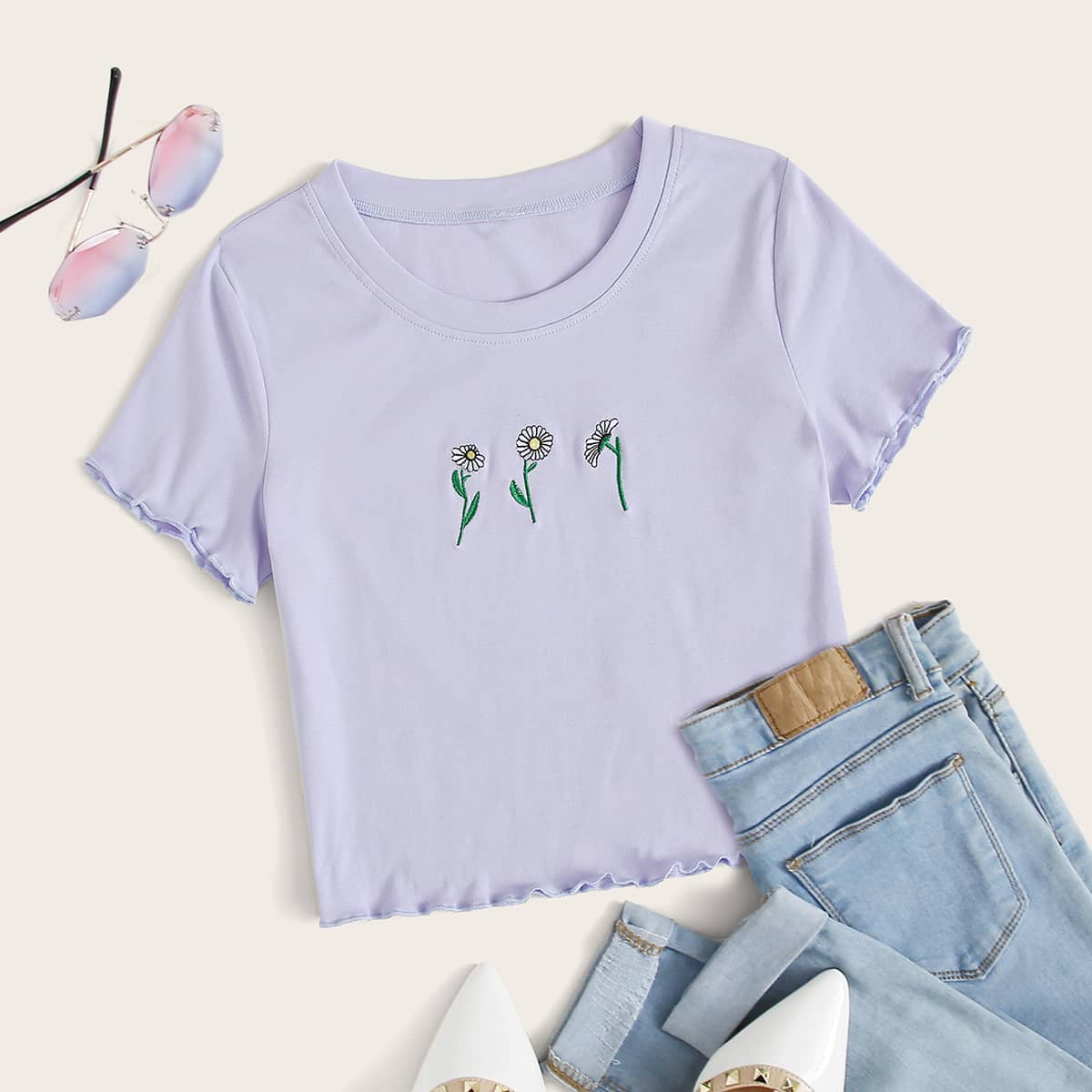 

Floral Embroidery Lettuce Edge Crop Top, Lilac purple