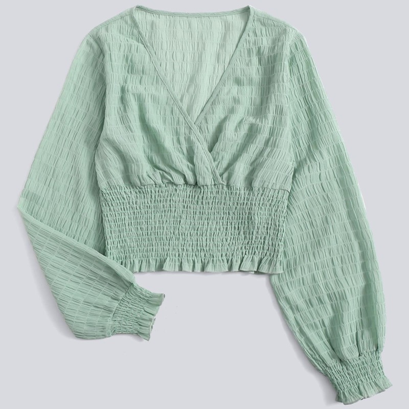 

Solid V Neck Shirred Blouse, Mint green