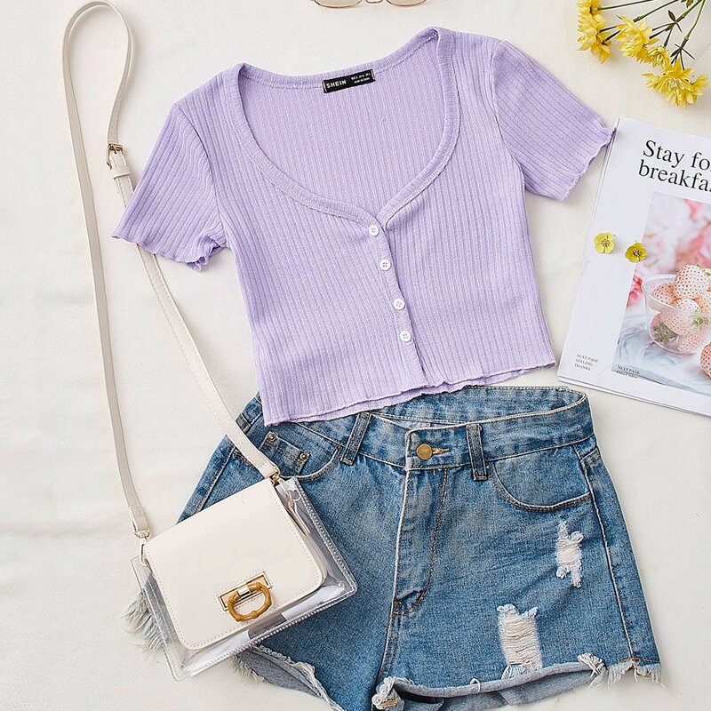 

Button Front Lettuce Trim Top, Lilac purple