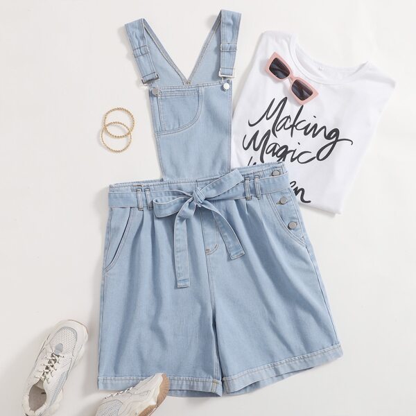 

Plus Light Wash Belted Denim Overall Romper