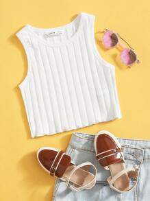 SHEIN Camiseta sin mangas de punto acanalado con ribete de lechuga para niña preadolescente