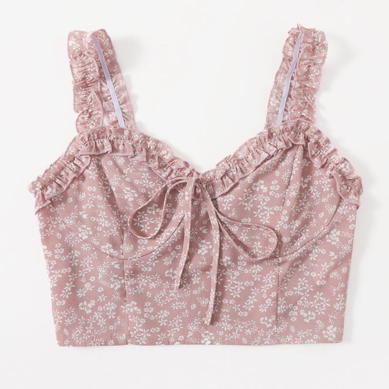 

Ditsy Flower Frill Trim Crop Top, Dusty pink