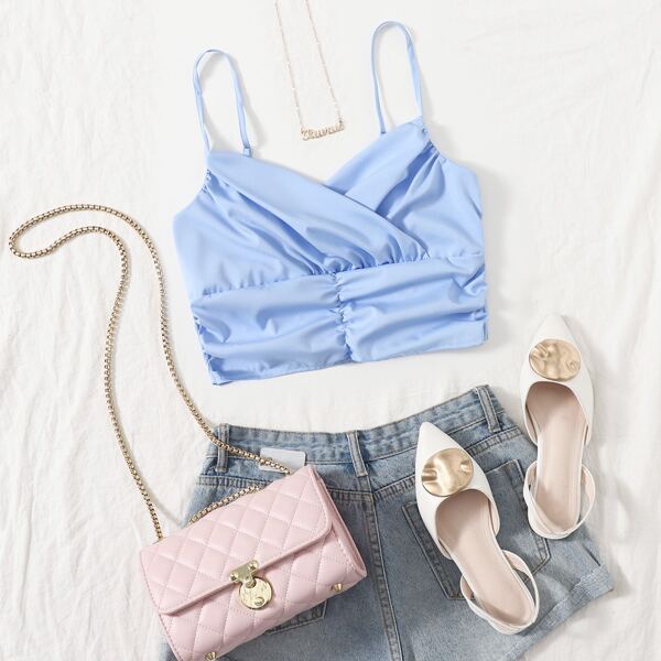 

Ruched Detail Crop Cami Top, Baby blue