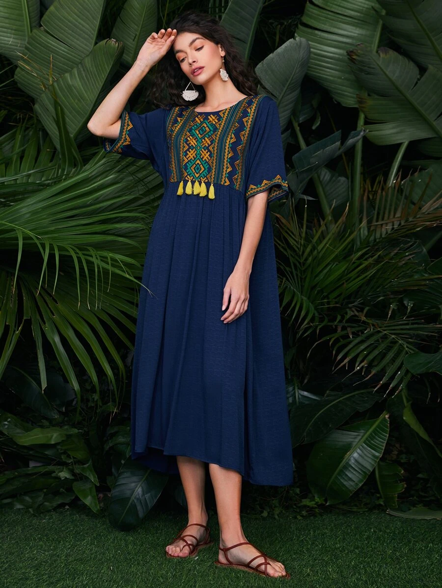 SHEIN Geo Embroidered Fringe Detail Smock Dress - Navy Blue - View 1