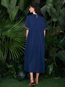 SHEIN Geo Embroidered Fringe Detail Smock Dress - Navy Blue - View 2