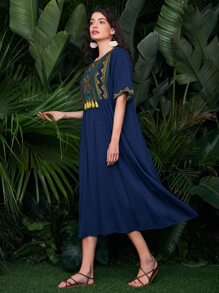 SHEIN Geo Embroidered Fringe Detail Smock Dress - Navy Blue - View 3