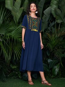 SHEIN Geo Embroidered Fringe Detail Smock Dress - Navy Blue - View 4