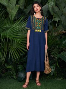 SHEIN Geo Embroidered Fringe Detail Smock Dress - Navy Blue - View 5