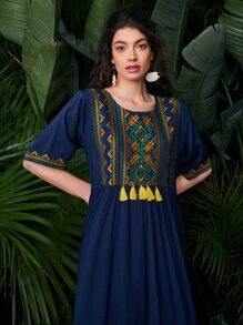 SHEIN Geo Embroidered Fringe Detail Smock Dress - Navy Blue - View 6