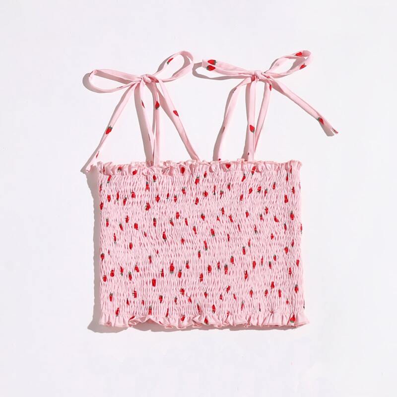 

Strawberry Pattern Shirred Tie Shoulder Cami, Multicolor