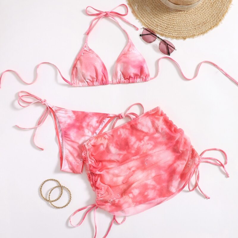 

3pack Tie Dye Bikini Swimsuit & Drawstring Beach Skirt, Pink