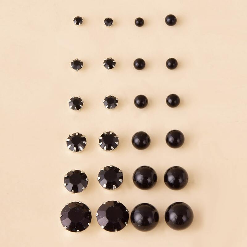 

12pairs Rhinestone Decor Stud Earrings, Black