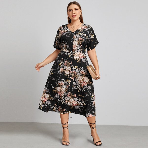

Plus Floral V-neck Button Front A-line Dress, Multicolor