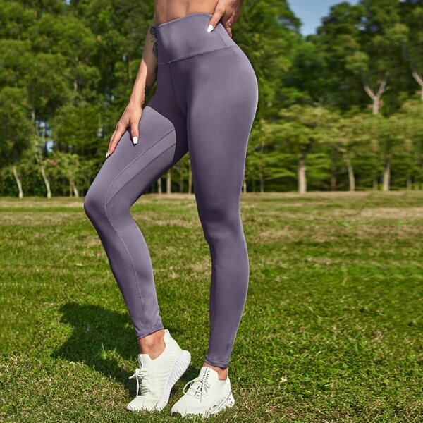 

Wideband Waist Solid Sports Leggings, Mauve purple