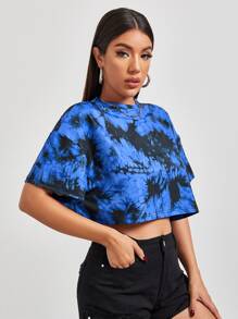 SHEIN Coolane Drop Shoulder Tie Dye Crop Tee - Multicolor - View 1