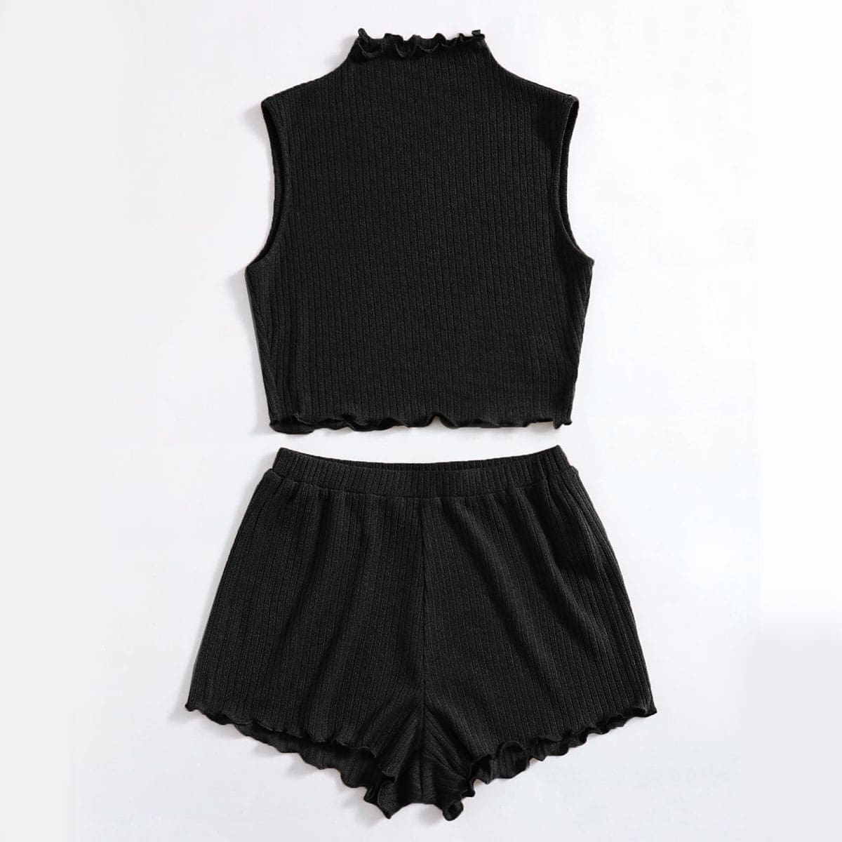 

Lettuce Trim Rib-knit Tank Top & Shorts Set, Black