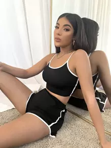 SHEIN Unity Bộ thời trang Tương phản ràng buộc Thể thao - màu đen - Xem 1