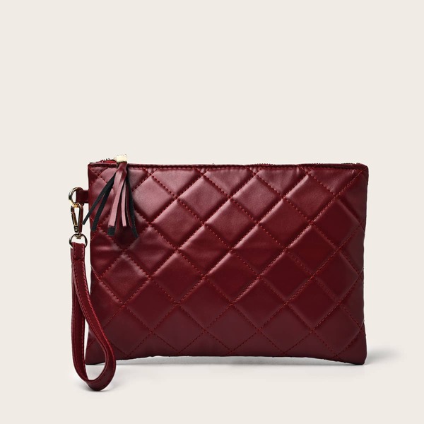 

Tassel Decor Quilted Clutch Bag, Burgundy