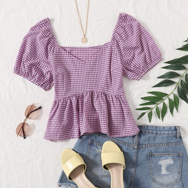 

Puff Sleeve Ruffle Hem Gingham Blouse, Lilac purple