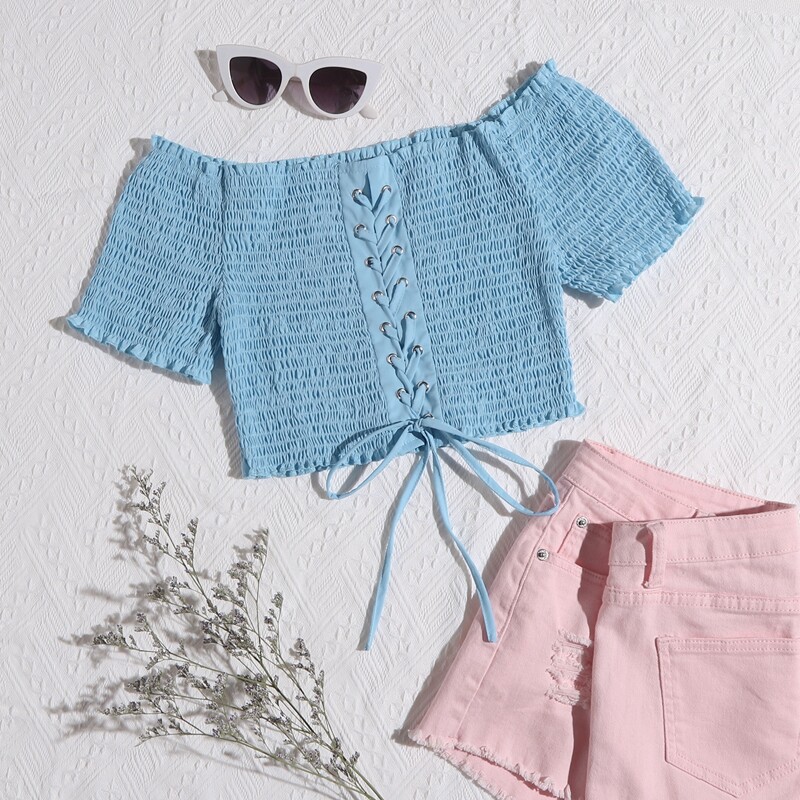 

Off Shoulder Lace-up Shirred Top, Baby blue