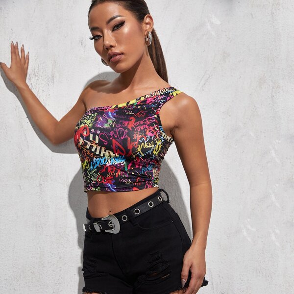 

One Shoulder Pop Art Crop Top, Multicolor