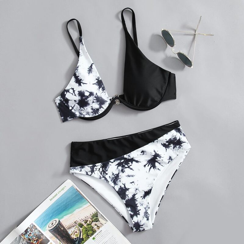 

Tie Dye Colorblock Underwire Bikini Swimsuit, Black and white