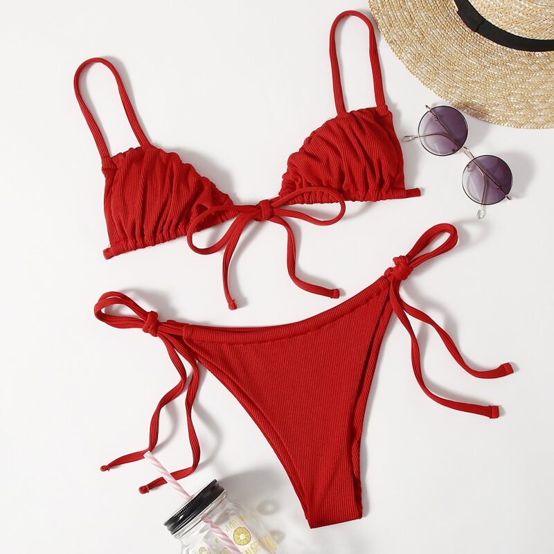 

Ruched Bust Tie Side Bikini Swimsuit, Red