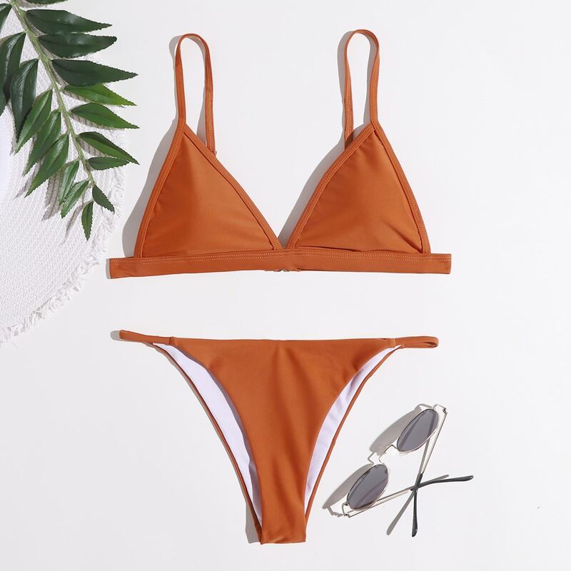 

Solid Triangle Tanga Bikini Swimsuit, Rust brown