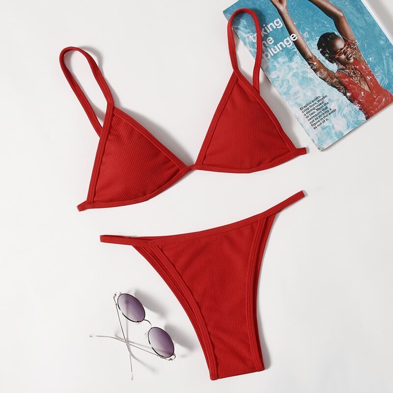 

Ribbed Triangle Thong Bikini Swimsuit, Red