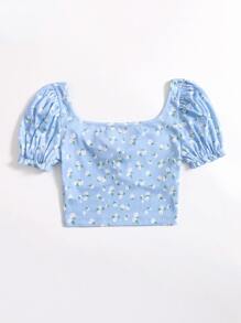 Soleia Áo thun Cắt ra Họa tiết hoa Boho - Màu xanh nhạt - Xem 2