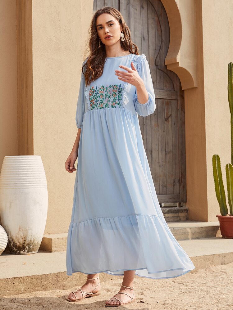 SHEIN Frilled Floral Embroidered Ruffle Hem Dress - Baby Blue - View 3