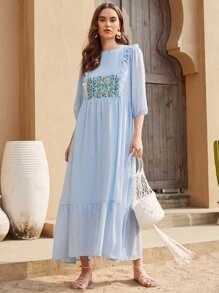 SHEIN Frilled Floral Embroidered Ruffle Hem Dress - Baby Blue - View 1