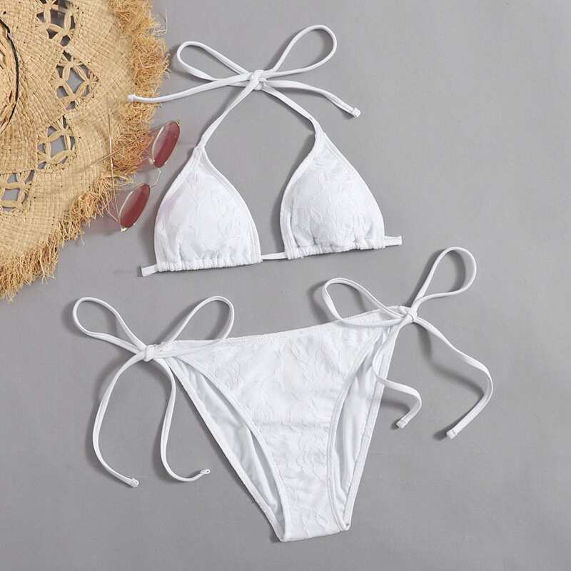 

Floral Lace Tie Side Bikini Swimsuit, White
