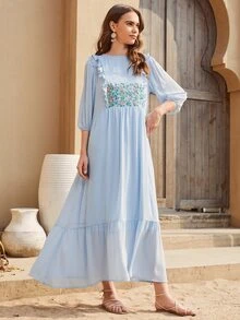 SHEIN Frilled Floral Embroidered Ruffle Hem Dress - Baby Blue - View 4