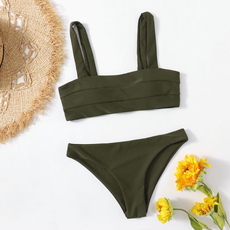 

Solid Plain Bikini Swimsuit, Army green