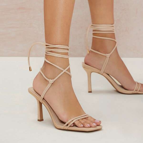 

Vegan Suede Square Toe Lace-Up Stiletto Heels, Apricot