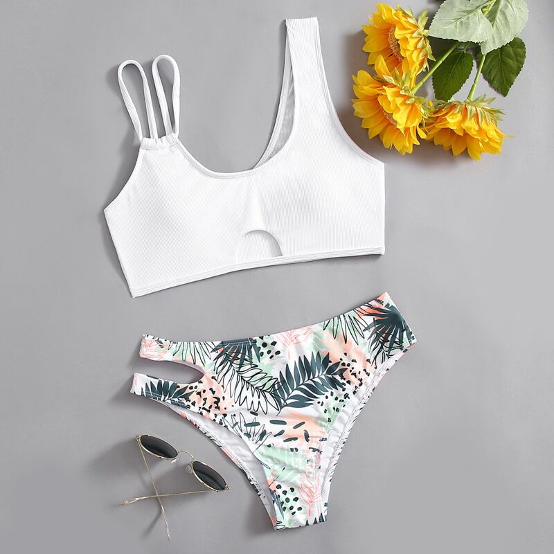 

Leaf Print Asymmetric Neck Bikini Swimsuit, Multicolor