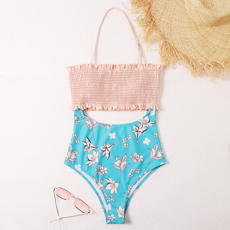 

Shirred Flower Graphic Cut Out One Piece Swimsuit, Multicolor
