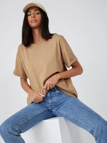 SHEIN BASICS 含棉落肩袖翻折袖超大號T恤 - 卡其色 - 查看 1