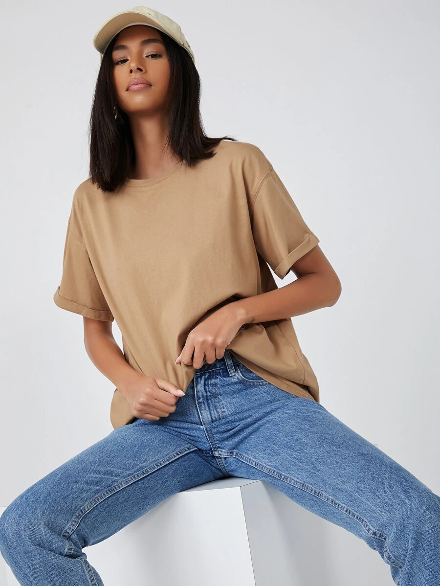 SHEIN BASICS 含棉落肩袖翻折袖超大號T恤 - 卡其色 - 查看 1