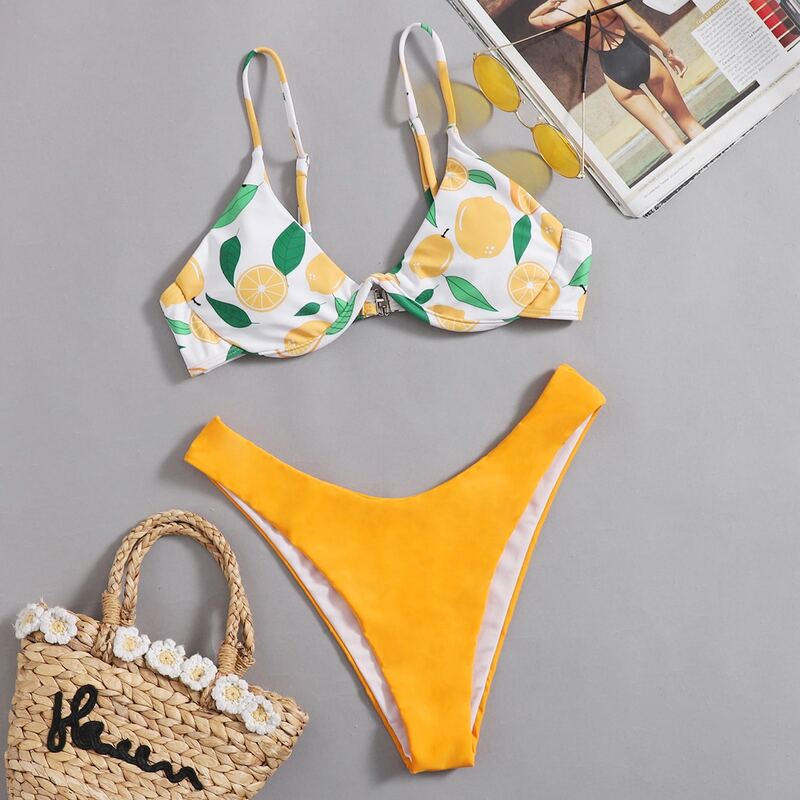 

Orange Print High Leg Bikini Swimsuit, Multicolor