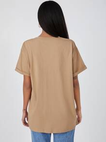 SHEIN BASICS 含棉落肩袖翻折袖超大號T恤 - 卡其色 - 查看 2