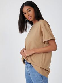 SHEIN BASICS 含棉落肩袖翻折袖超大號T恤 - 卡其色 - 查看 3