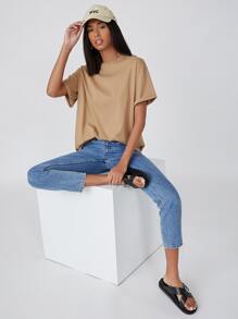 SHEIN BASICS 含棉落肩袖翻折袖超大號T恤 - 卡其色 - 查看 4