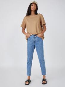 SHEIN BASICS 含棉落肩袖翻折袖超大號T恤 - 卡其色 - 查看 5