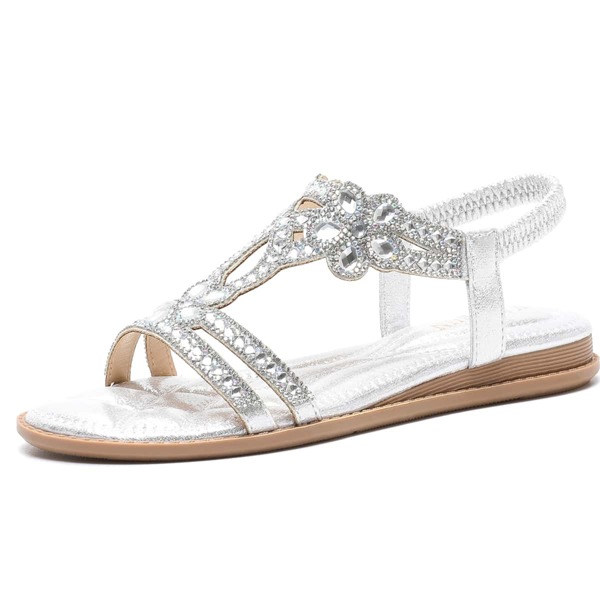 

Gemstone Flower Decor Flat Sandals, Silver