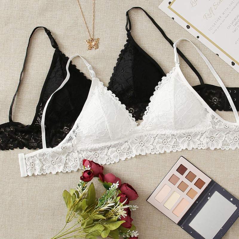 

2pack Floral Lace Triangle Bralette, Black and white