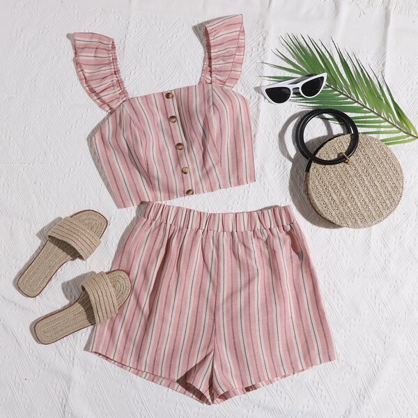 

Striped Ruffle Trim Crop Cami Top & Shorts, Dusty pink