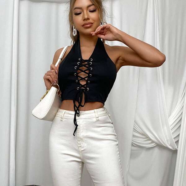 

Lace Up Halter Top, Black