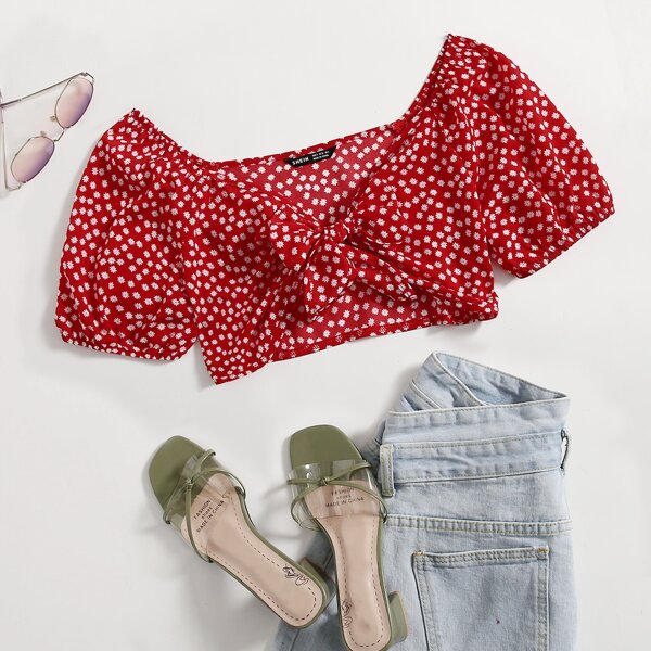 

Ditsy Floral Tie Front Crop Top, Red